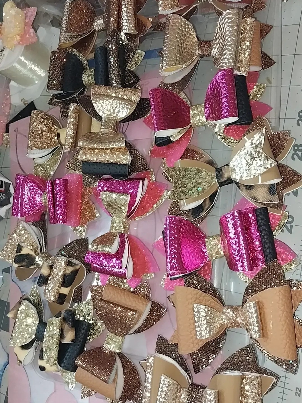 Glitter Leather Layered Hair Bows - Pink, Gold, Tan, Black